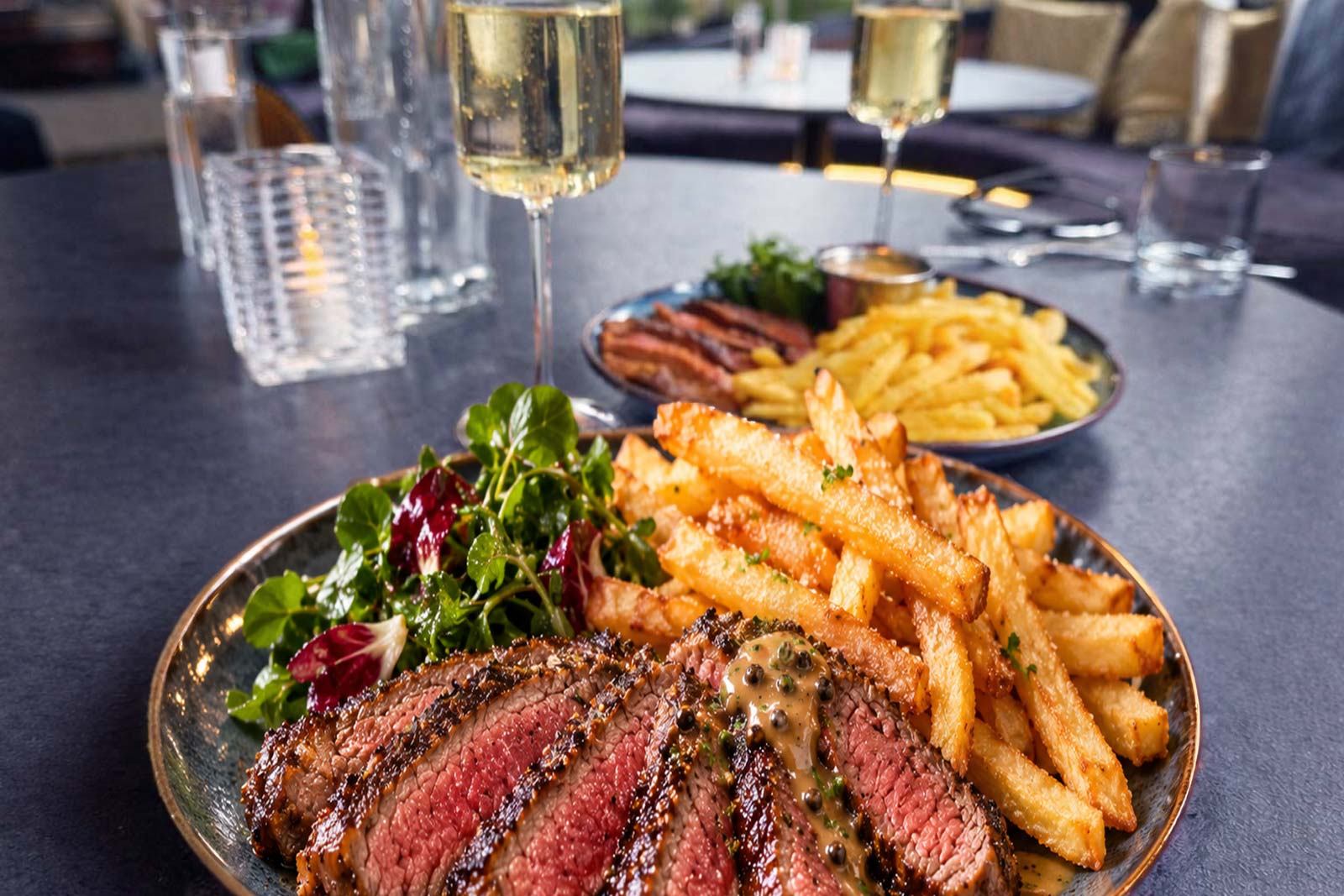 Steak Frites, Sauce &amp; A Glass Of Prosecco For One